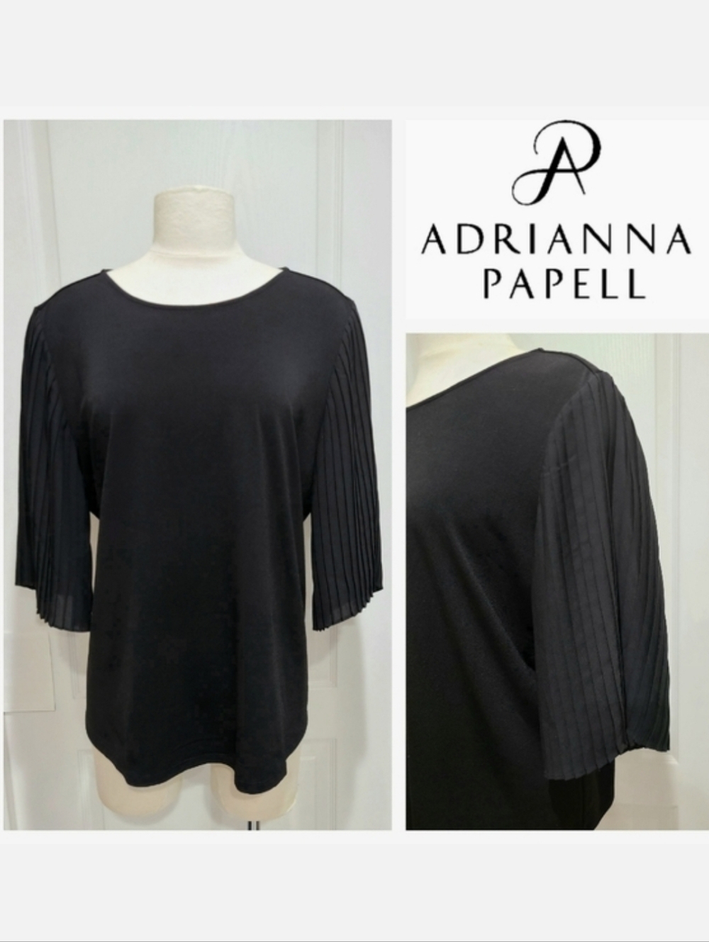 Adrianna Papell Black Knit Top with Pleated Woven Sleeves Sz XL